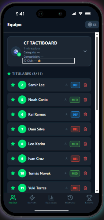 Campo ID Club en la configuración del equipo de la app TactiBoard