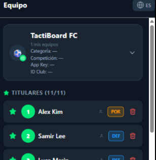 Pestaña Equipo de la app TactiBoard antes de configurar la conexión