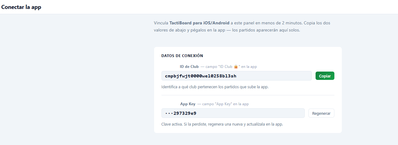 Sección Conectar del panel web mostrando el ID Club y la App Key
